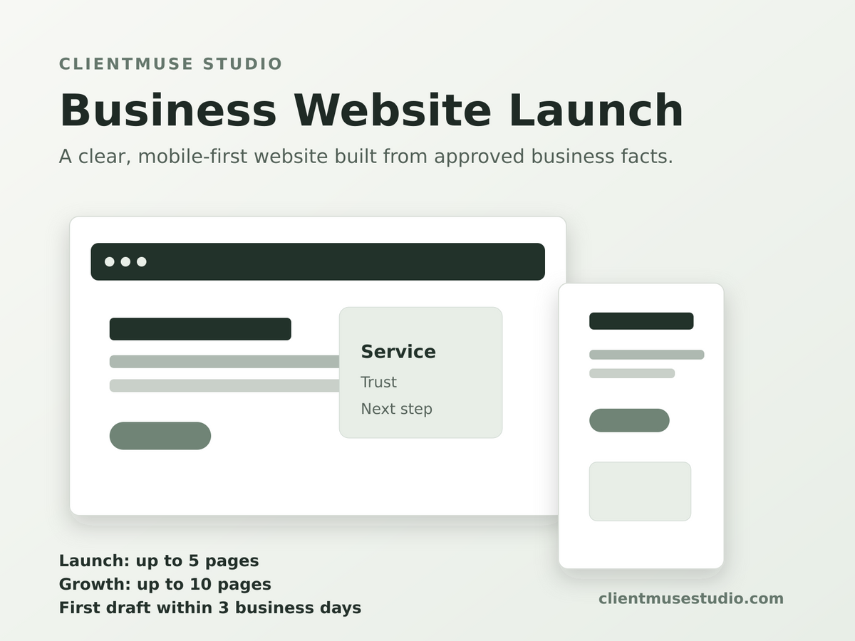 ClientMuse Studio Business Website Launch desktop and mobile website preview