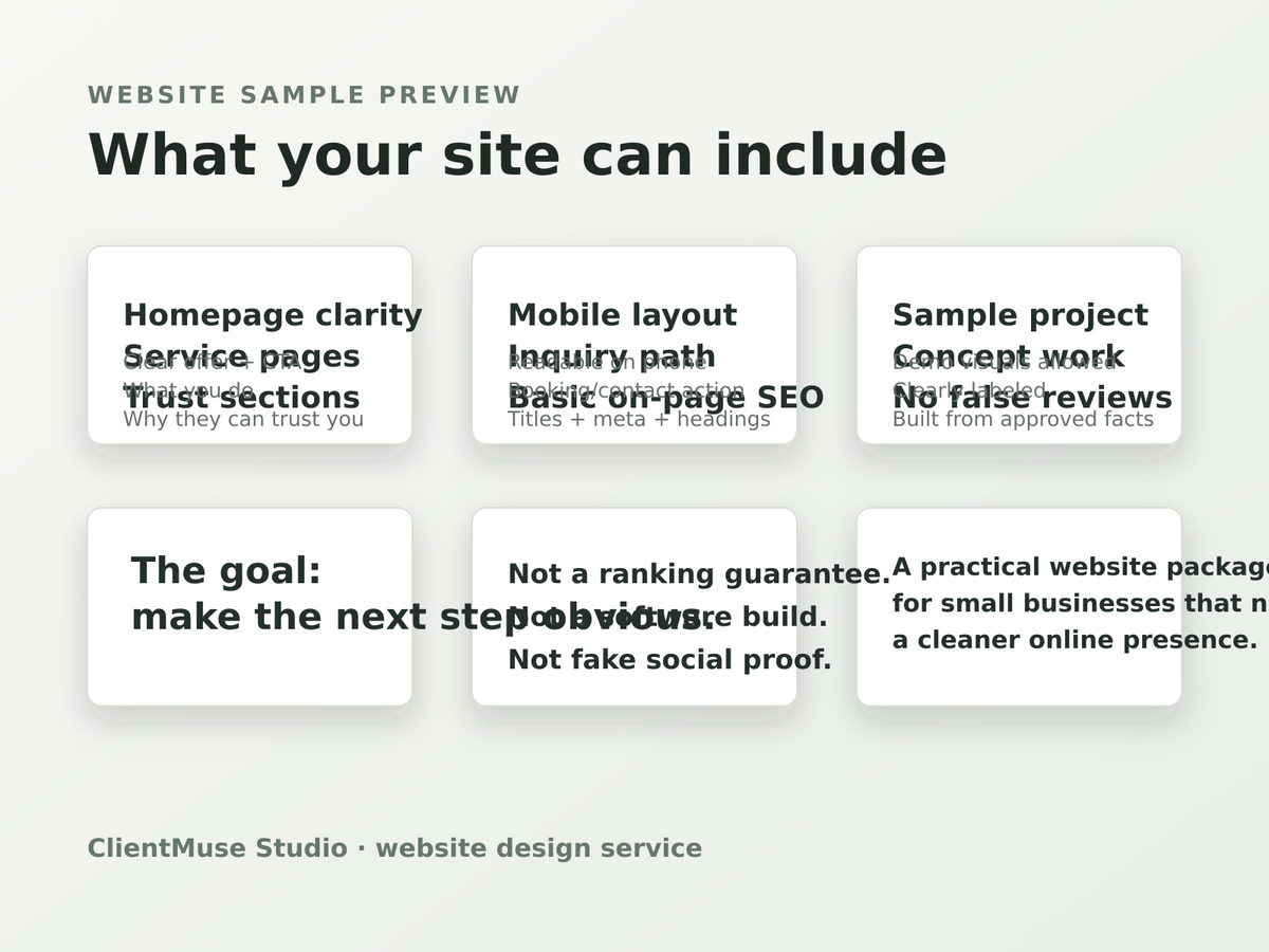 ClientMuse Studio website package sample sections and scope preview