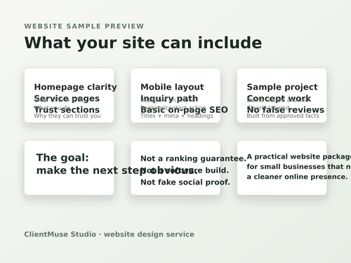 ClientMuse Studio website package sample sections and scope preview