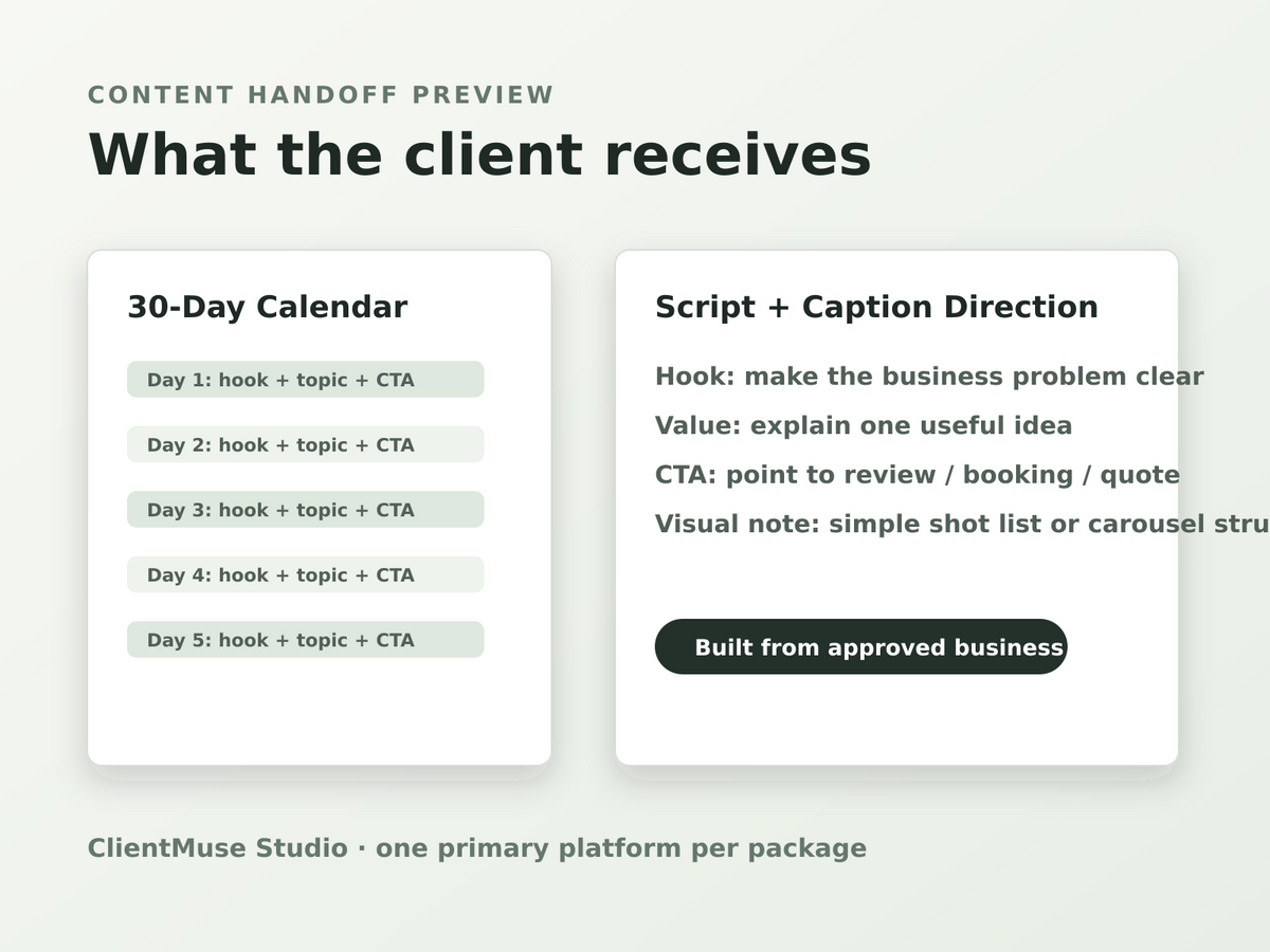 ClientMuse Studio 30-Day Content System handoff preview with calendar and caption direction