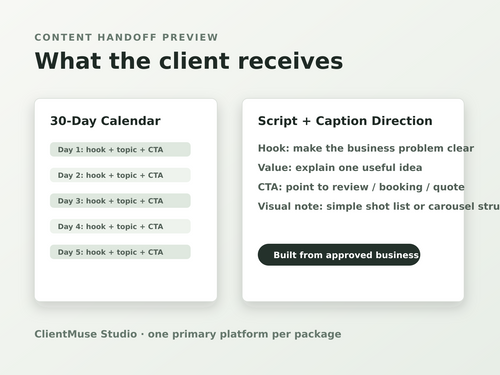 ClientMuse Studio 30-Day Content System handoff preview with calendar and caption direction