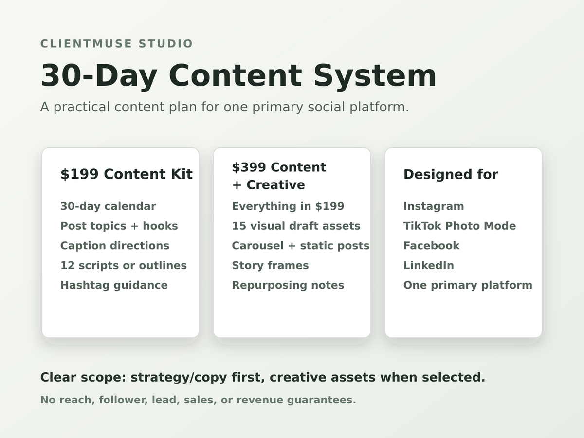 ClientMuse Studio 30-Day Content System package comparison for one primary social platform