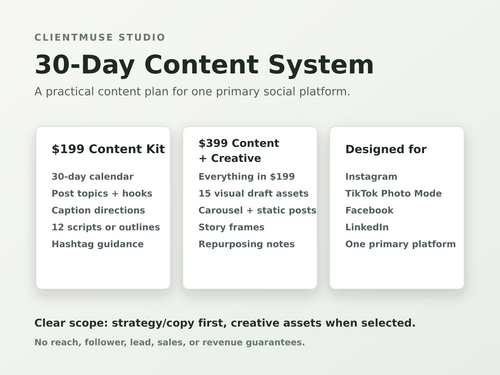 ClientMuse Studio 30-Day Content System package comparison for one primary social platform